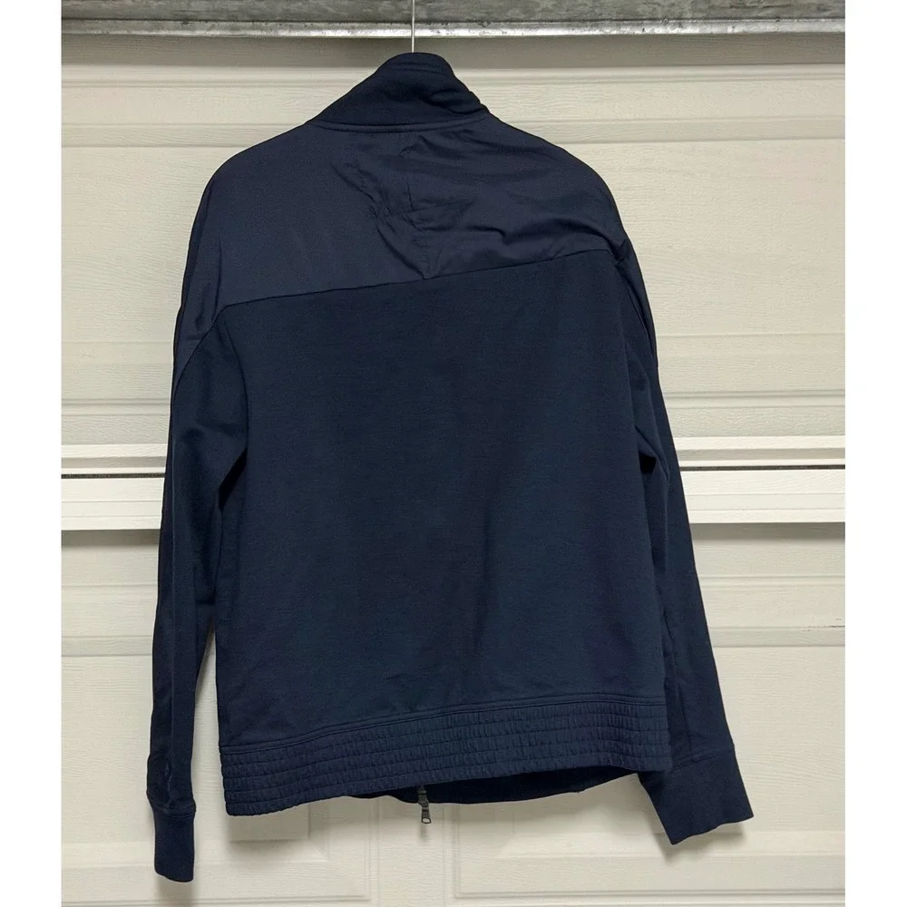 Banana Republic Mens Med Mixed Media Bomber Jacket Navy Blue Full Zip Preppy EUC